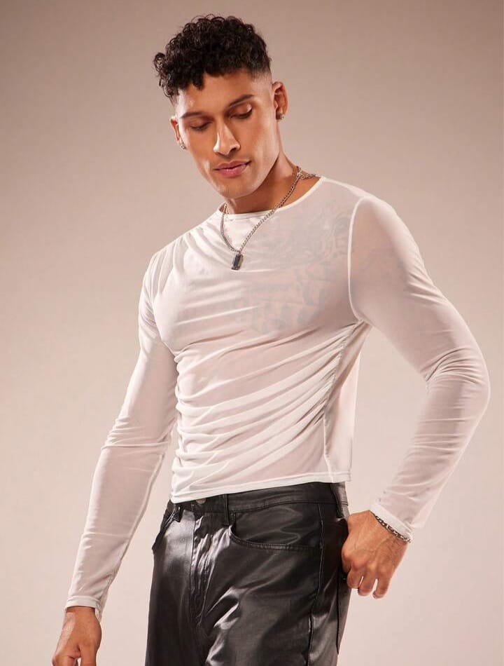 Men's Mesh Sheer Casual Asymmetrical Long Sleeve Round Neck T-Shirt